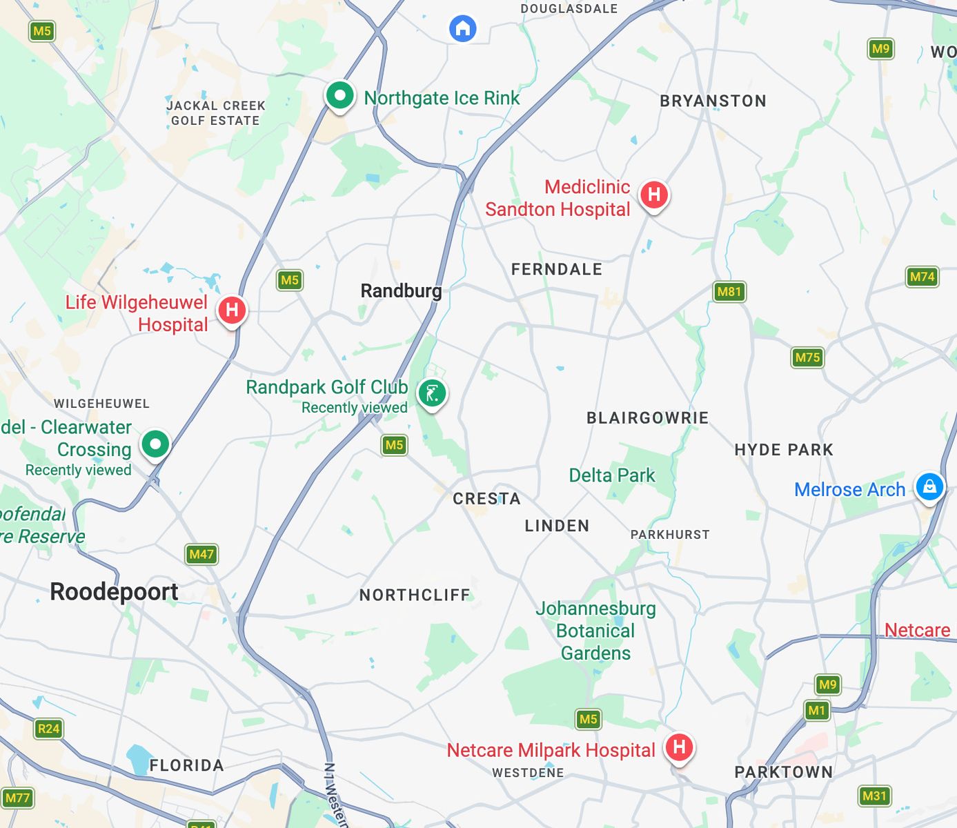 Map showing service areas across Gauteng including Randburg, Sandton, Fourways and surrounding suburbs